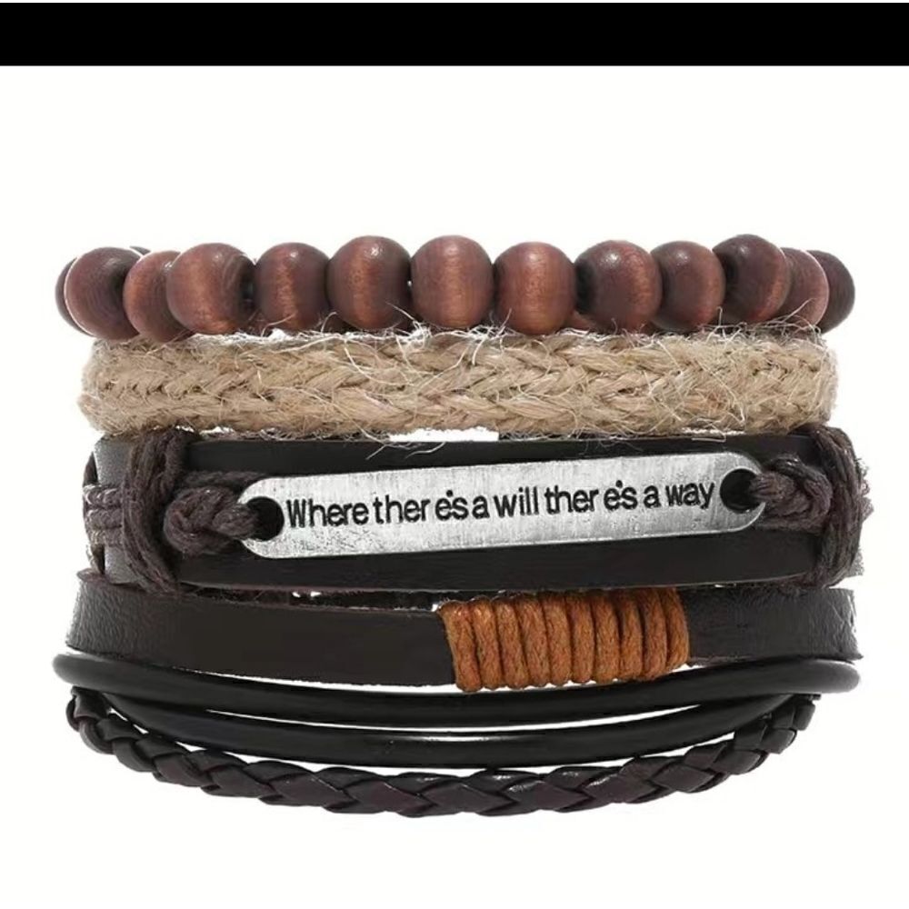 5 men's leather bracelets set layered braided beaded brown New c9
